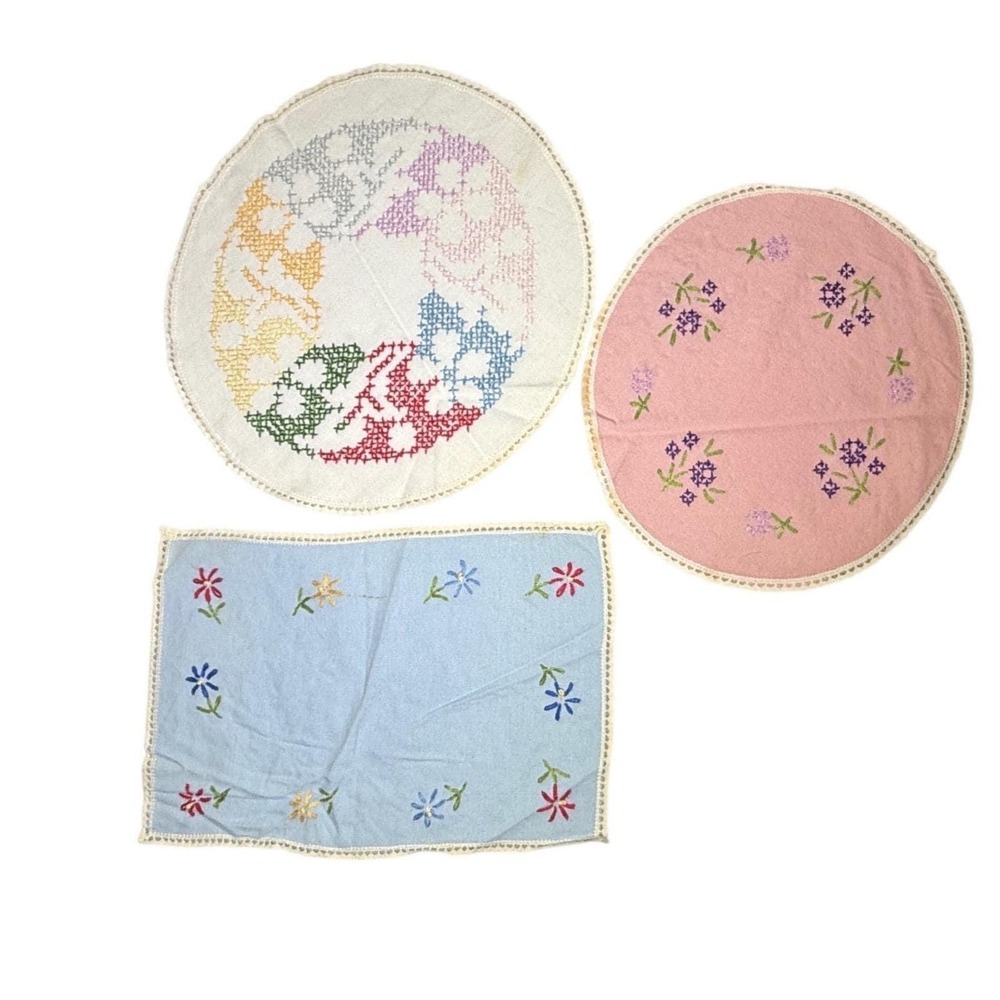 3 Vintage Embroidered Doilies Crochet Floral Handmade Linens Cottagecore Grandma